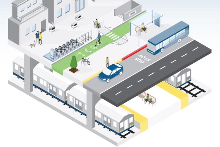 Illustration of a mobility hub, with public transit, bike share, subway, buildings, and pedestrians