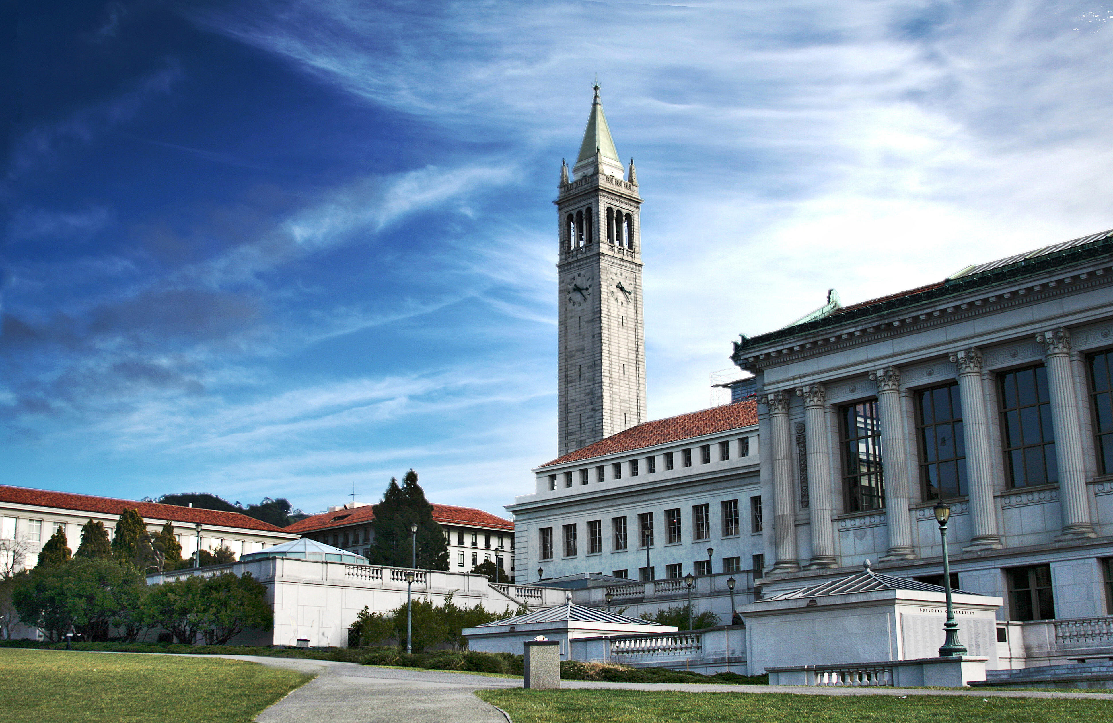 View from UC Berkeley's Memorial Glade of Sather Tower and Doe Library.