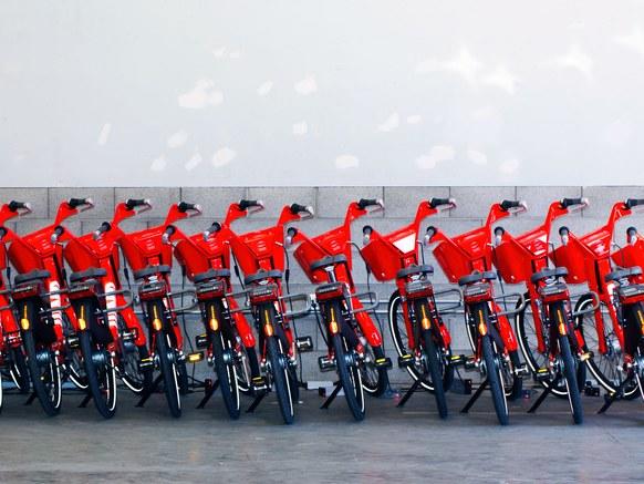 Red bikes lined up in a row
