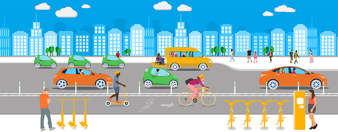 Cartoon image of cars, vans, scooters, bikes, and people with a city skyline in the background