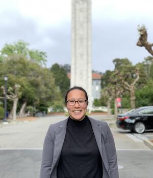 Photo of Alexandra in front of the Campanile Tower